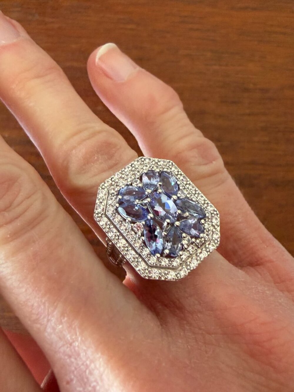 NEW Tanzanite & White Zircon Double Halo Sterling Silver Ring - 5